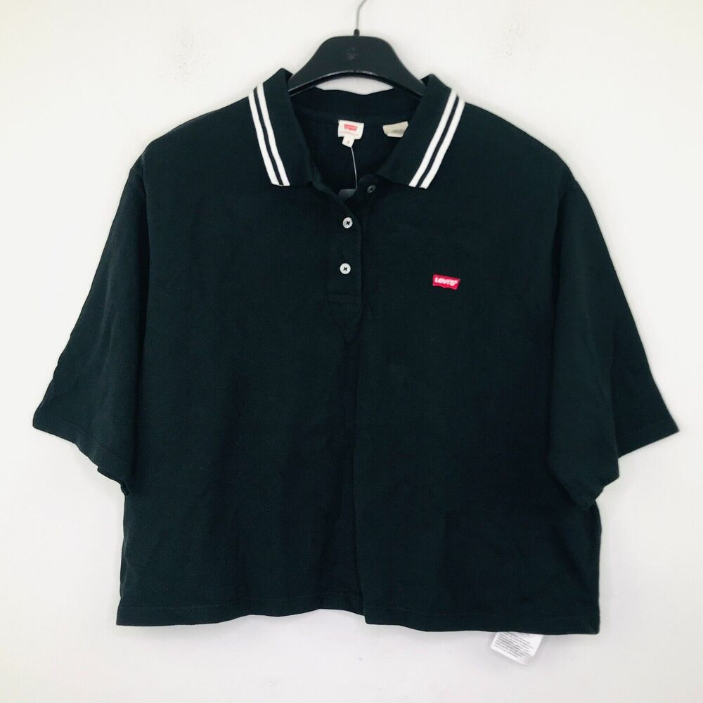 Levi's Women's Small Crop Top Black Polo Striped Collar Logo Popover NWT BL4